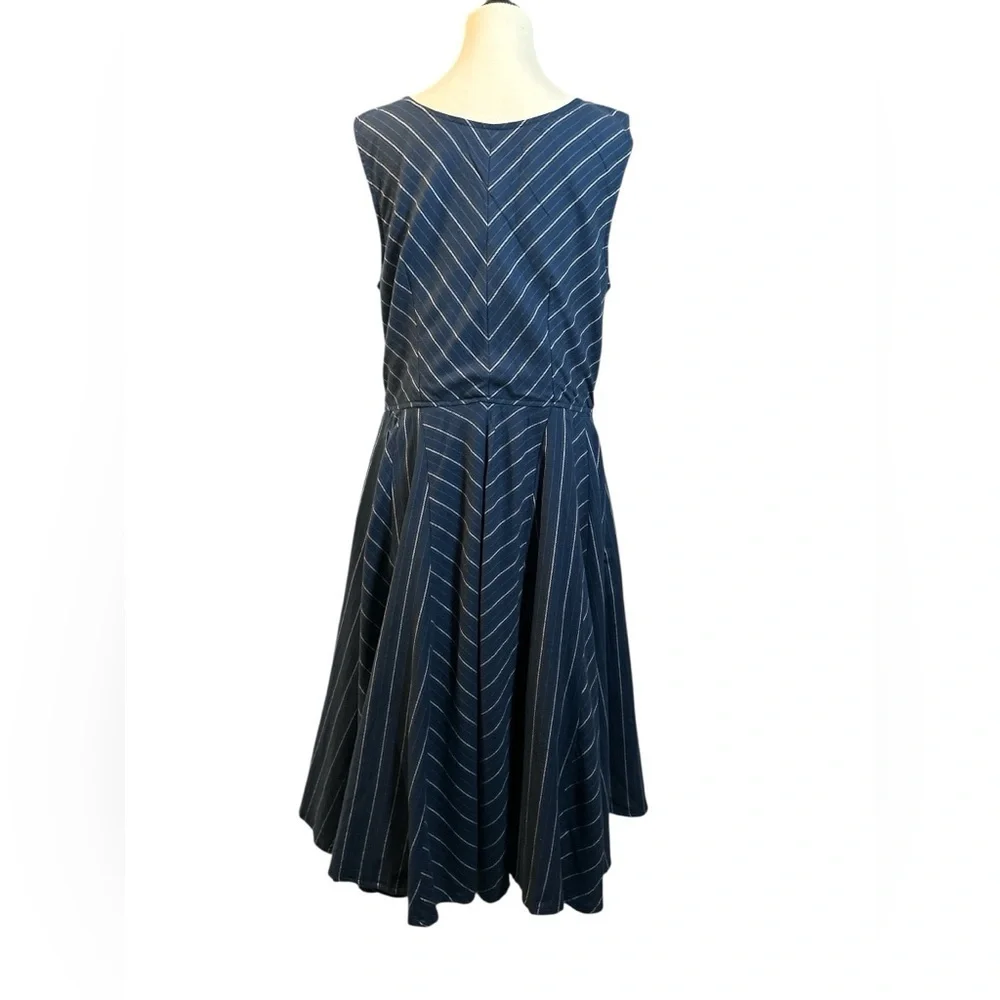 eShakti Navy Blue Striped Midi Dress with Beautiful Embroidery